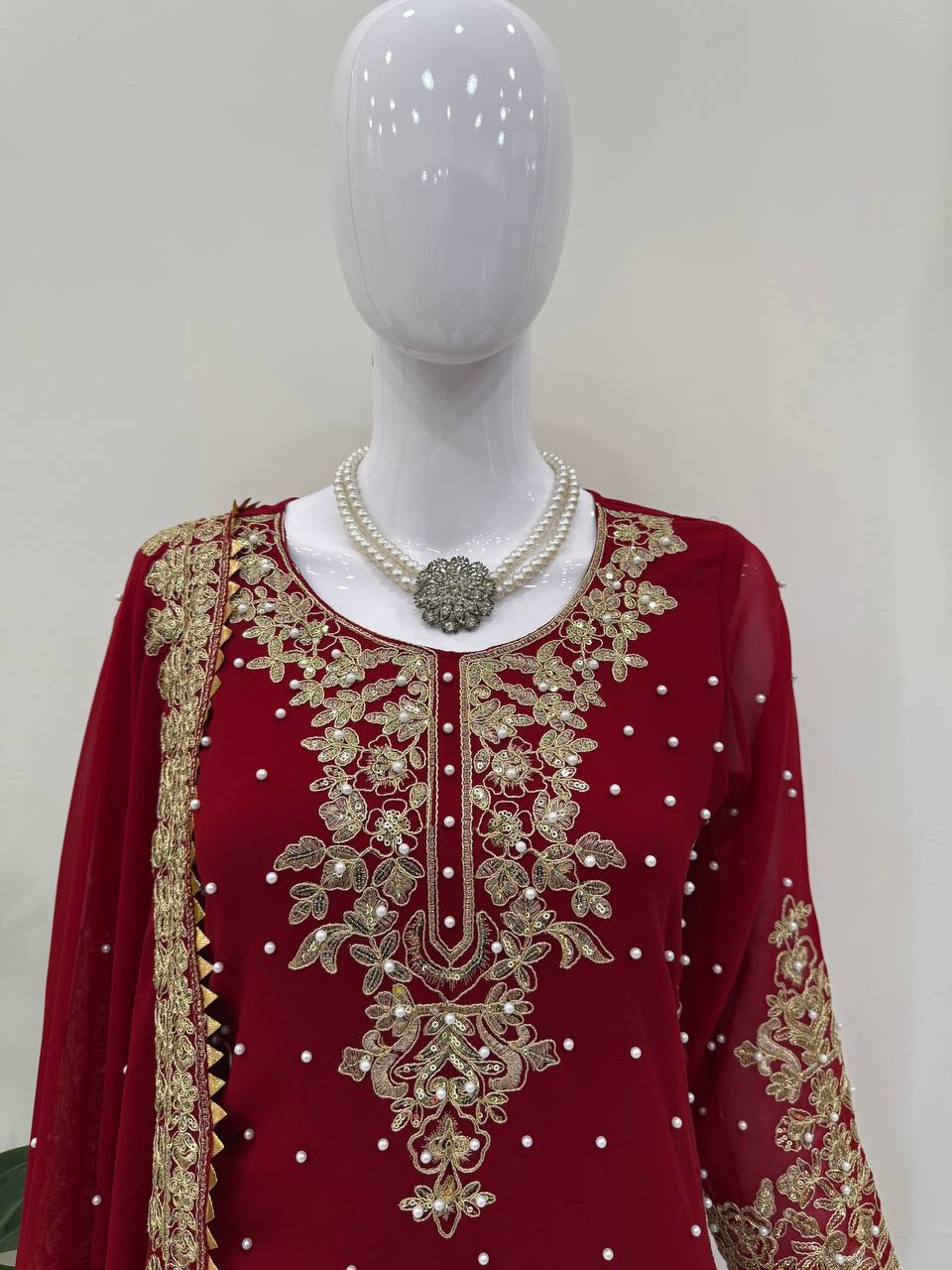 Red Faux Georgette Co-Ord Set with Coding, Sequin & Rivet Moti Work – Plazo & Dupatta Set