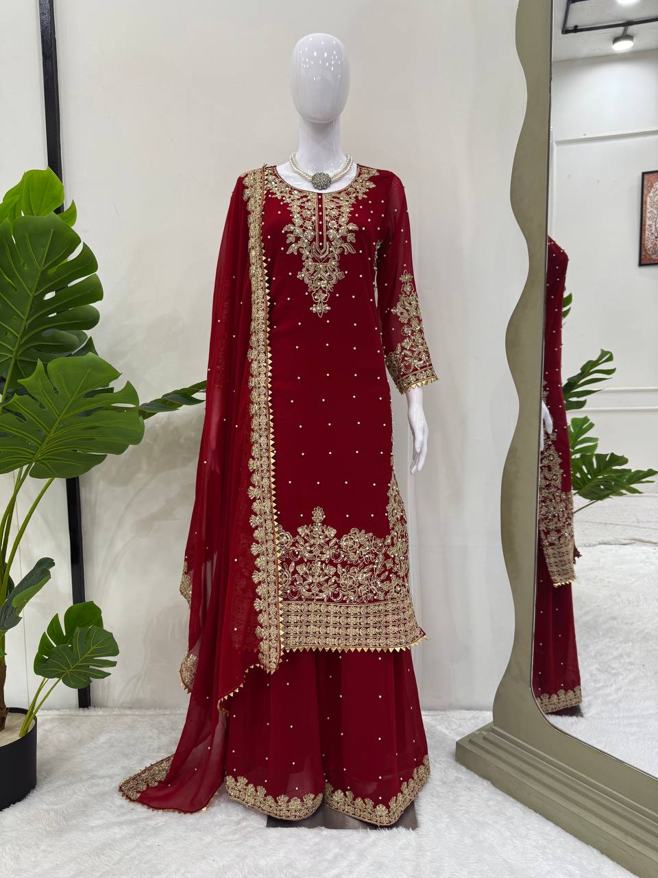 Red Faux Georgette Co-Ord Set with Coding, Sequin & Rivet Moti Work – Plazo & Dupatta Set