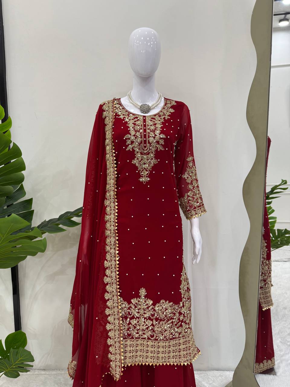 Red Faux Georgette Co-Ord Set with Coding, Sequin & Rivet Moti Work – Plazo & Dupatta Set