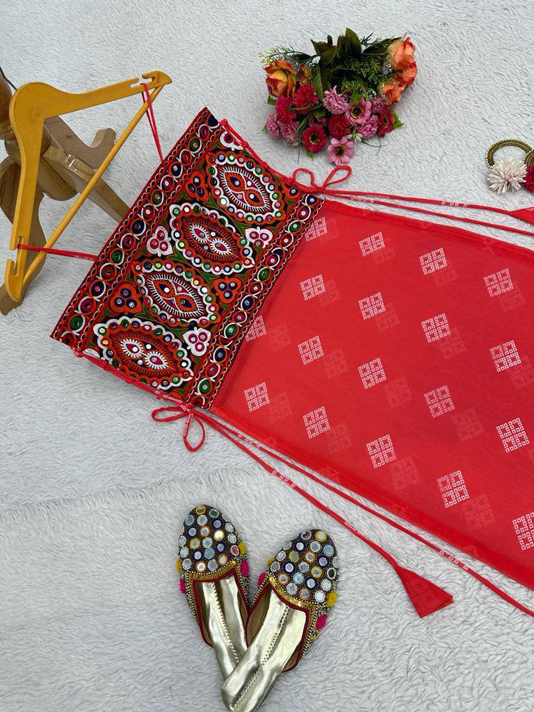Red Faux Georgette Designer Top with Chinestitch & Real Mirror Work Dori Tie-Up Padded
