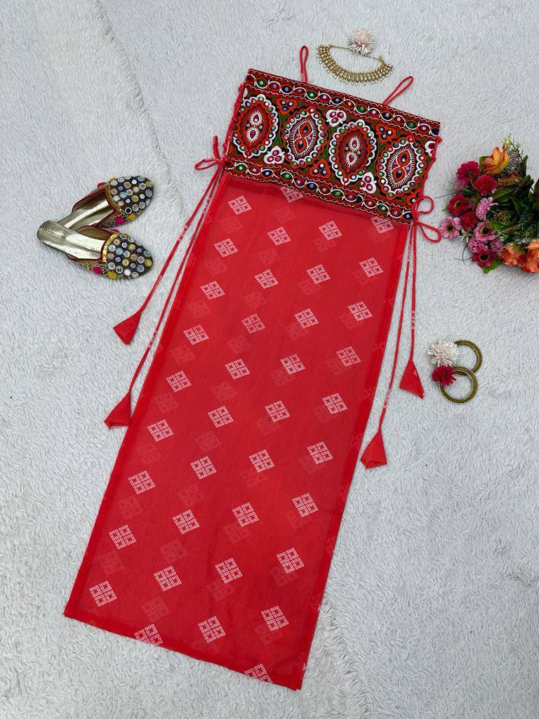 Red Faux Georgette Designer Top with Chinestitch & Real Mirror Work Dori Tie-Up Padded