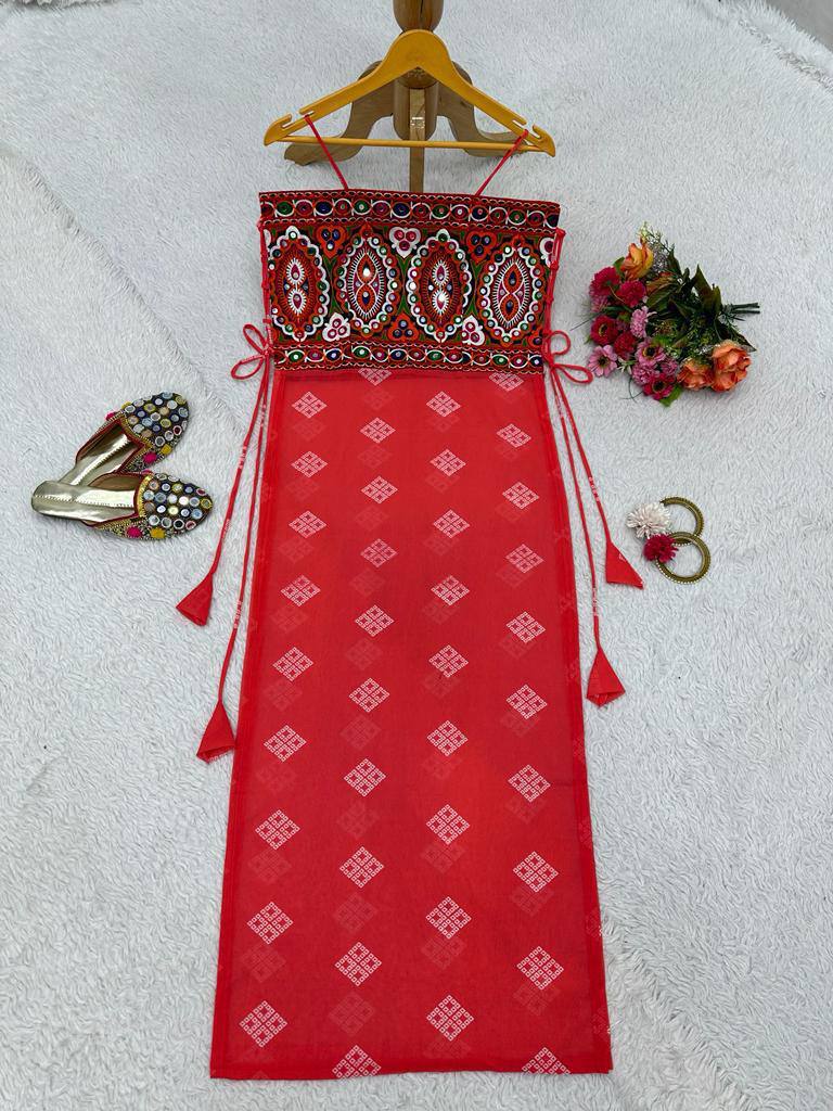 Red Faux Georgette Designer Top with Chinestitch & Real Mirror Work Dori Tie-Up Padded