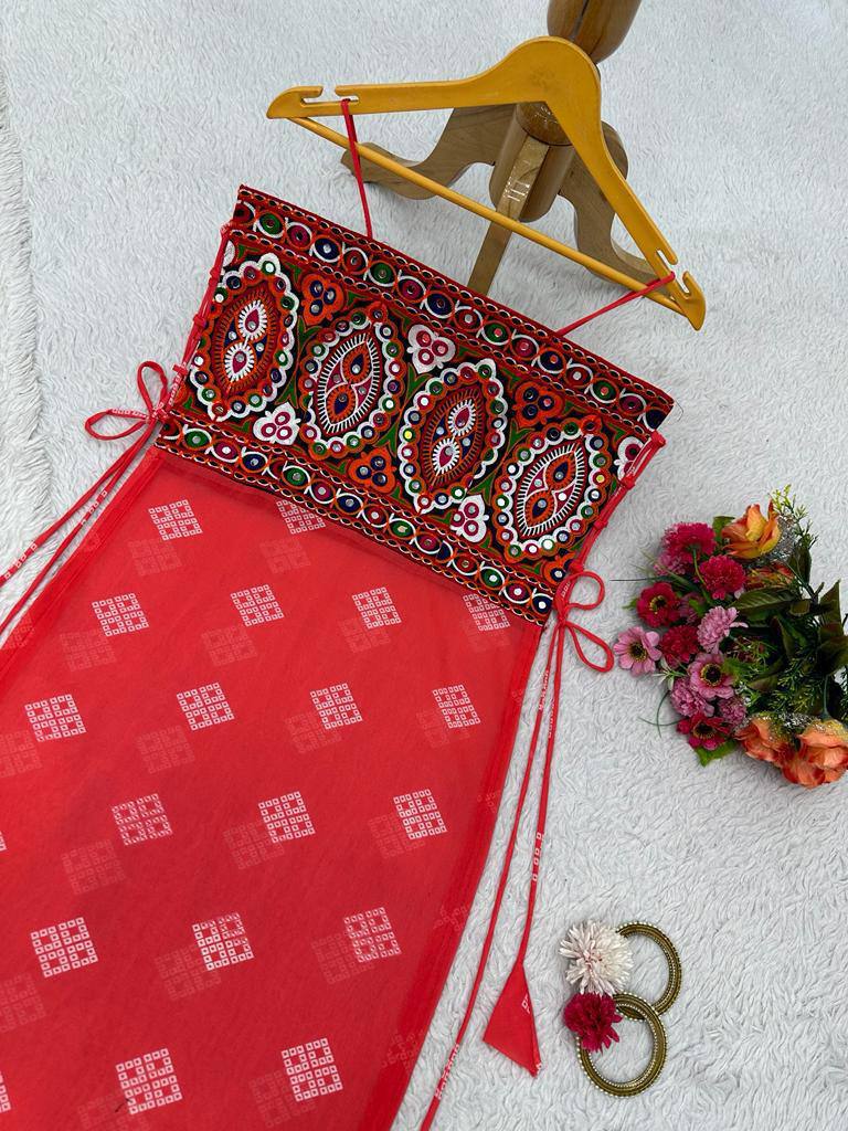 Red Faux Georgette Designer Top with Chinestitch & Real Mirror Work Dori Tie-Up Padded