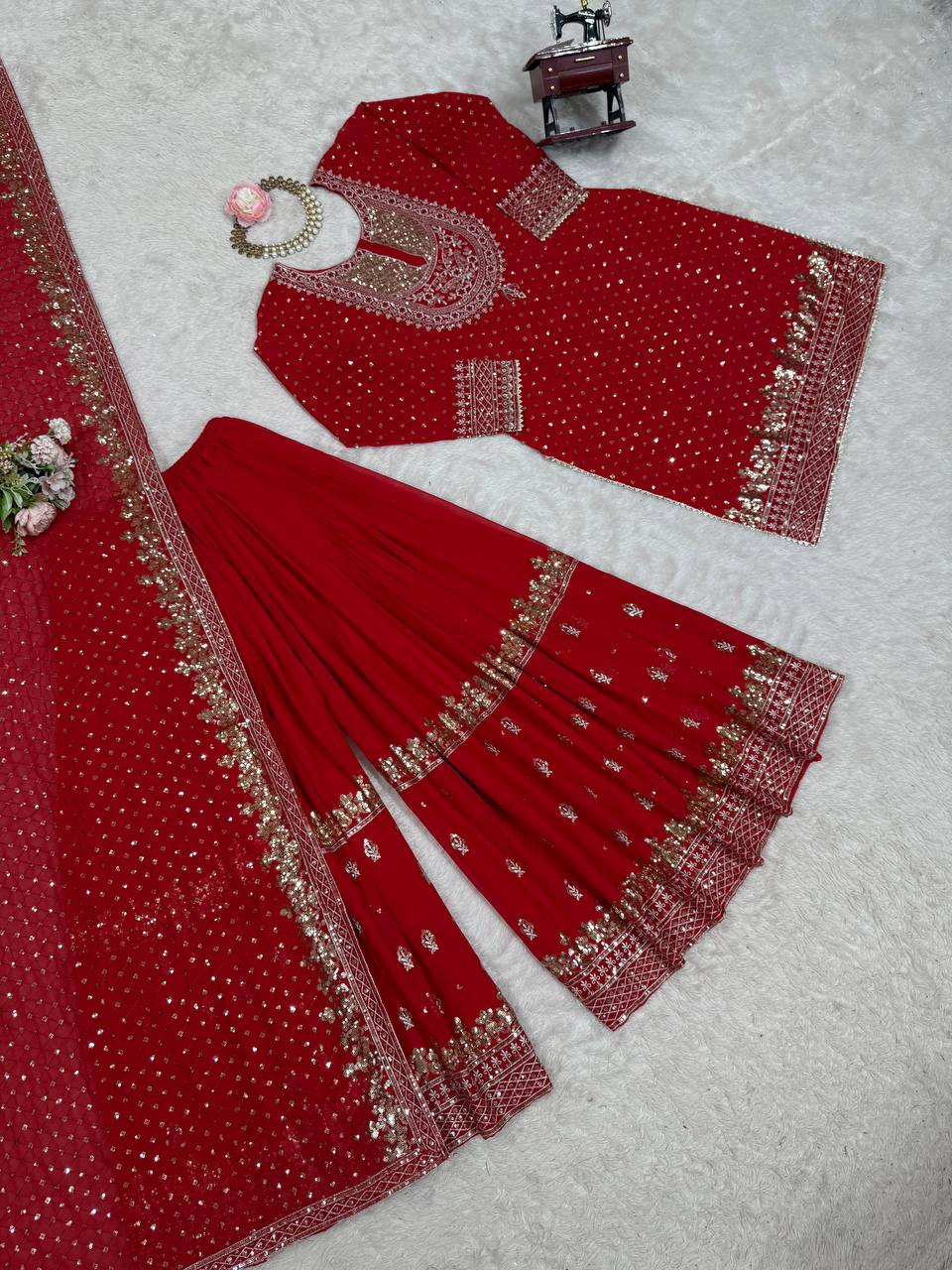 Red Faux Georgette Embroidered Sharara Set with Lace Border Dupatta