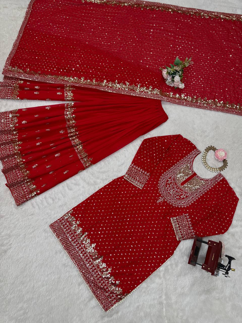 Red Faux Georgette Embroidered Sharara Set with Lace Border Dupatta