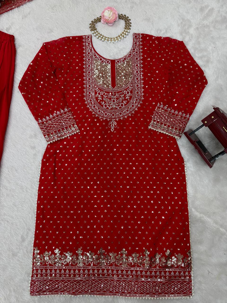 Red Faux Georgette Embroidered Sharara Set with Lace Border Dupatta