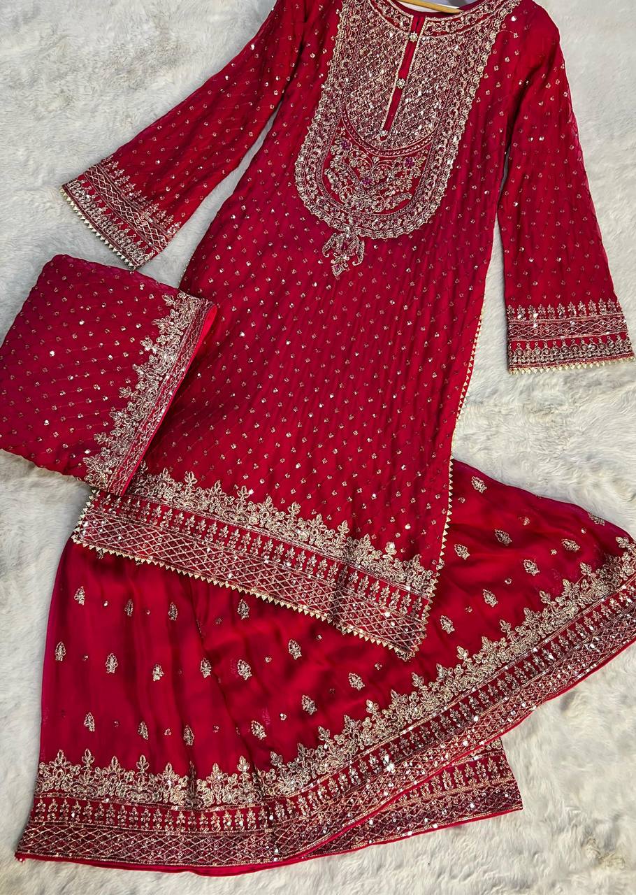 Red Faux Georgette Embroidered Sharara Set with Lace Border Dupatta