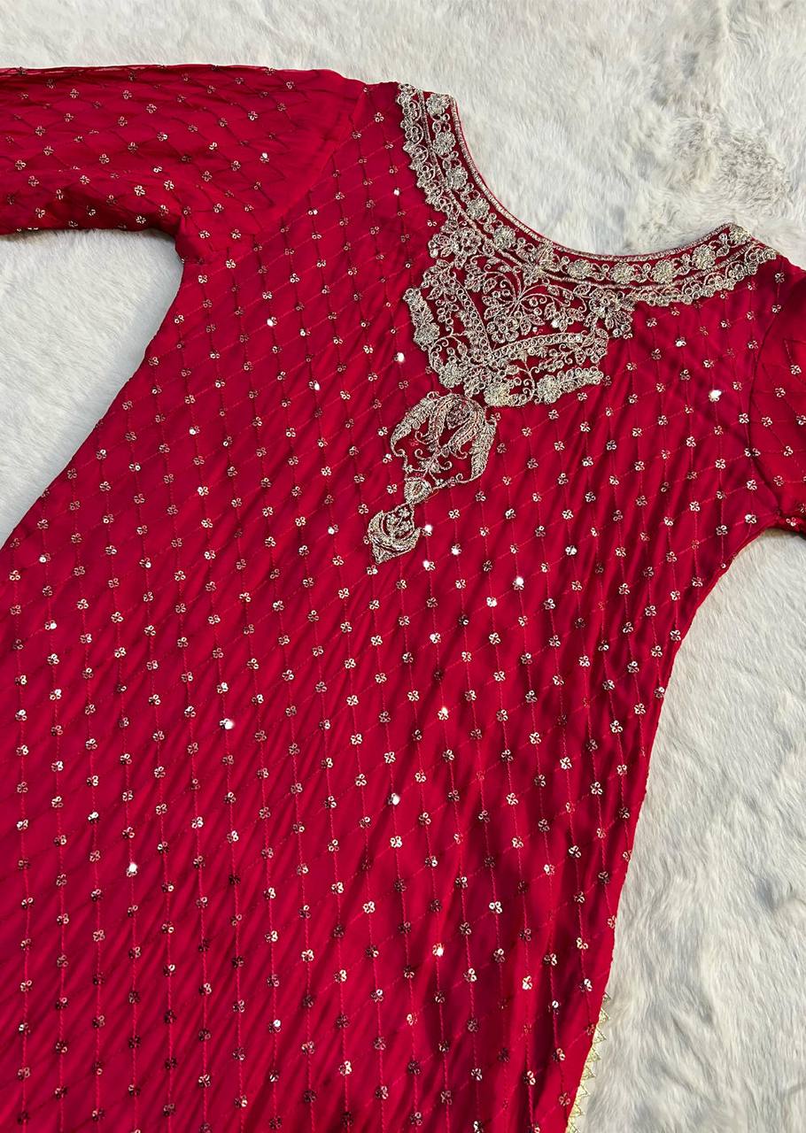 Red Faux Georgette Embroidered Sharara Set with Lace Border Dupatta