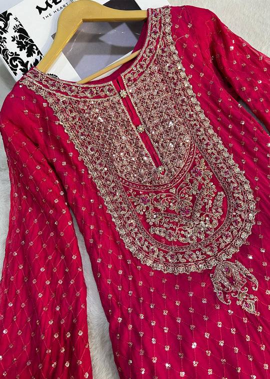 Red Faux Georgette Embroidered Sharara Set with Lace Border Dupatta
