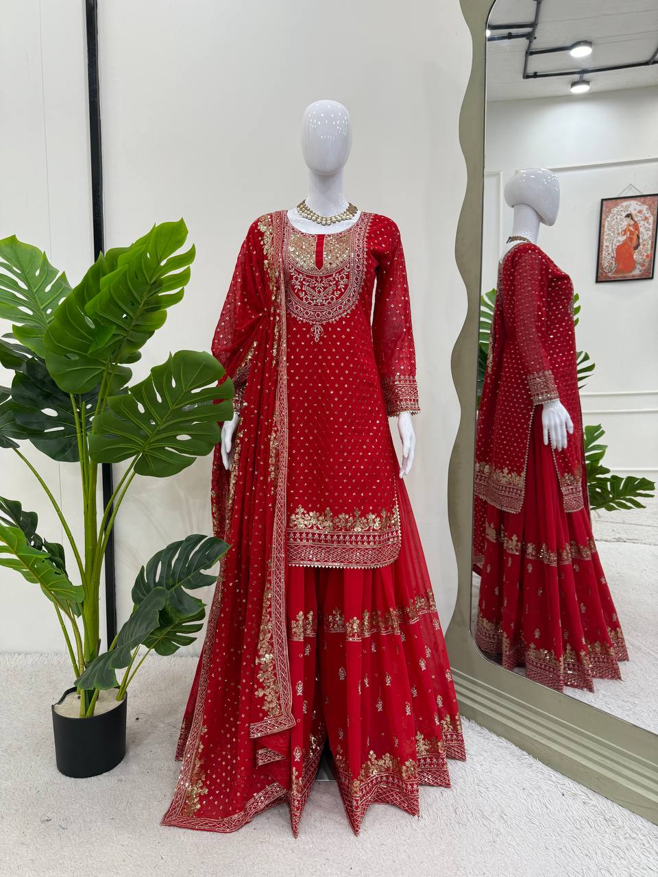 Red Faux Georgette Embroidered Sharara Set with Lace Border Dupatta