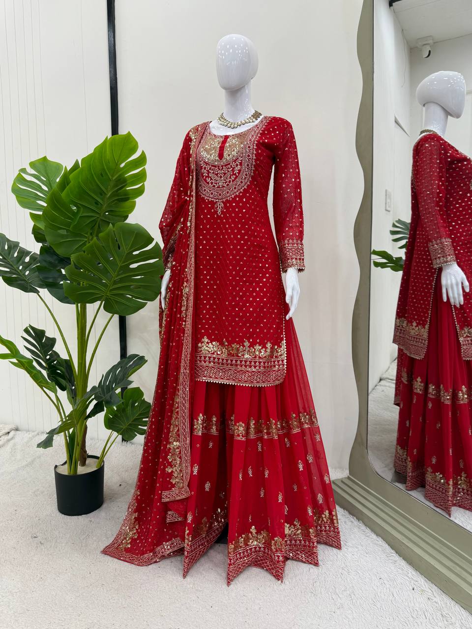 Red Faux Georgette Embroidered Sharara Set with Lace Border Dupatta
