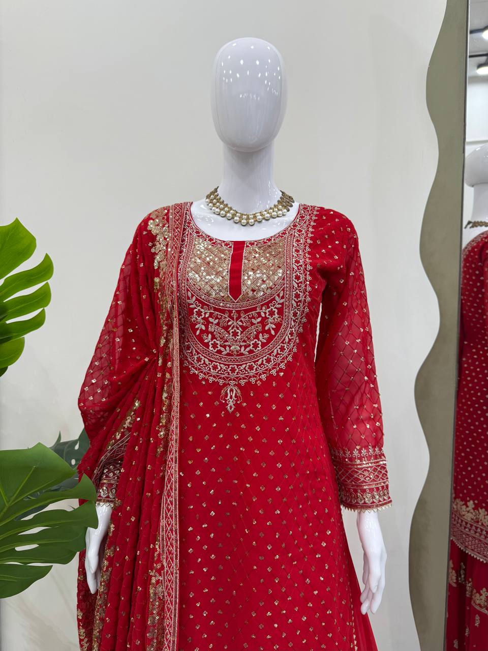 Red Faux Georgette Embroidered Sharara Set with Lace Border Dupatta
