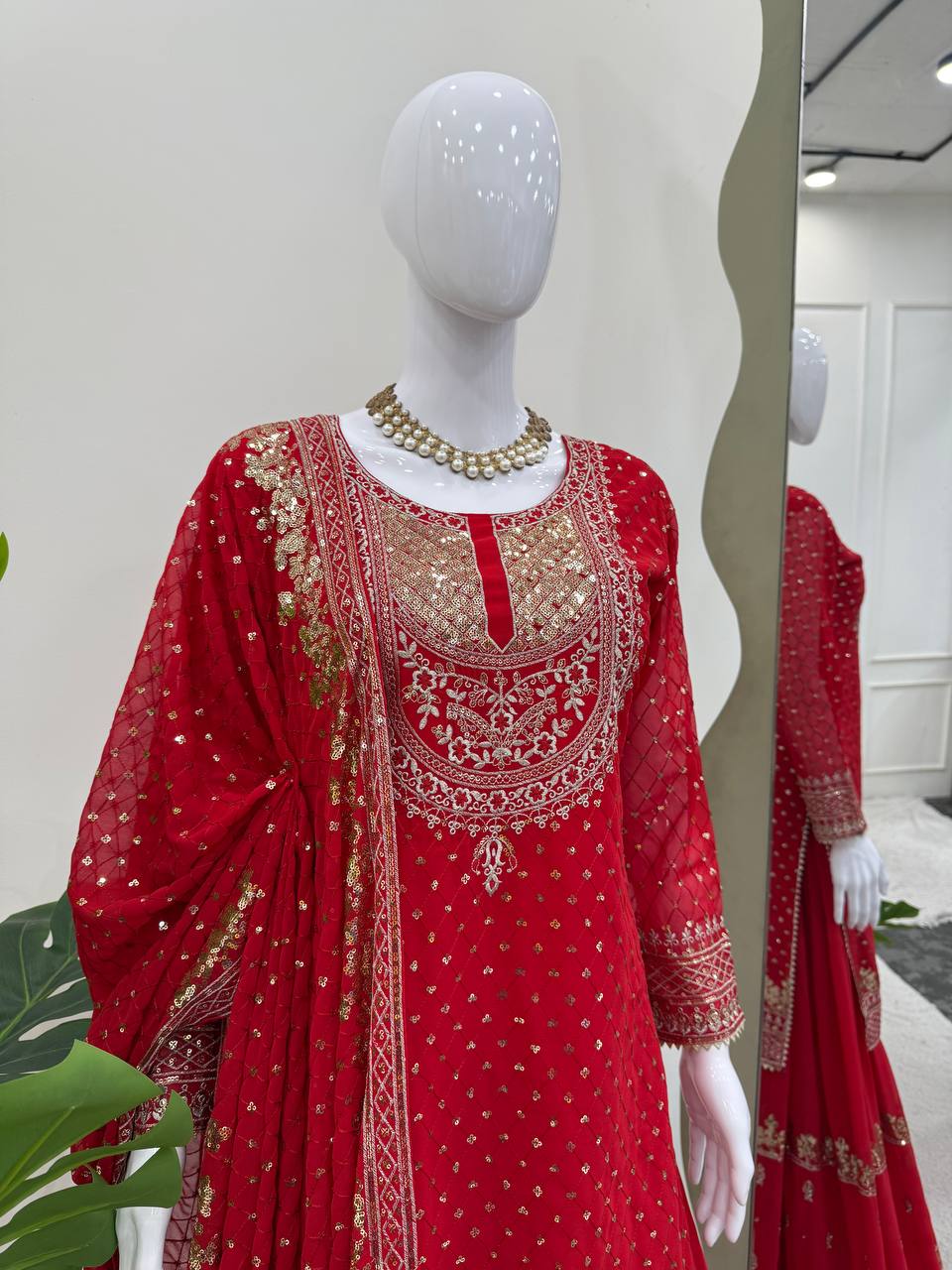 Red Faux Georgette Embroidered Sharara Set with Lace Border Dupatta