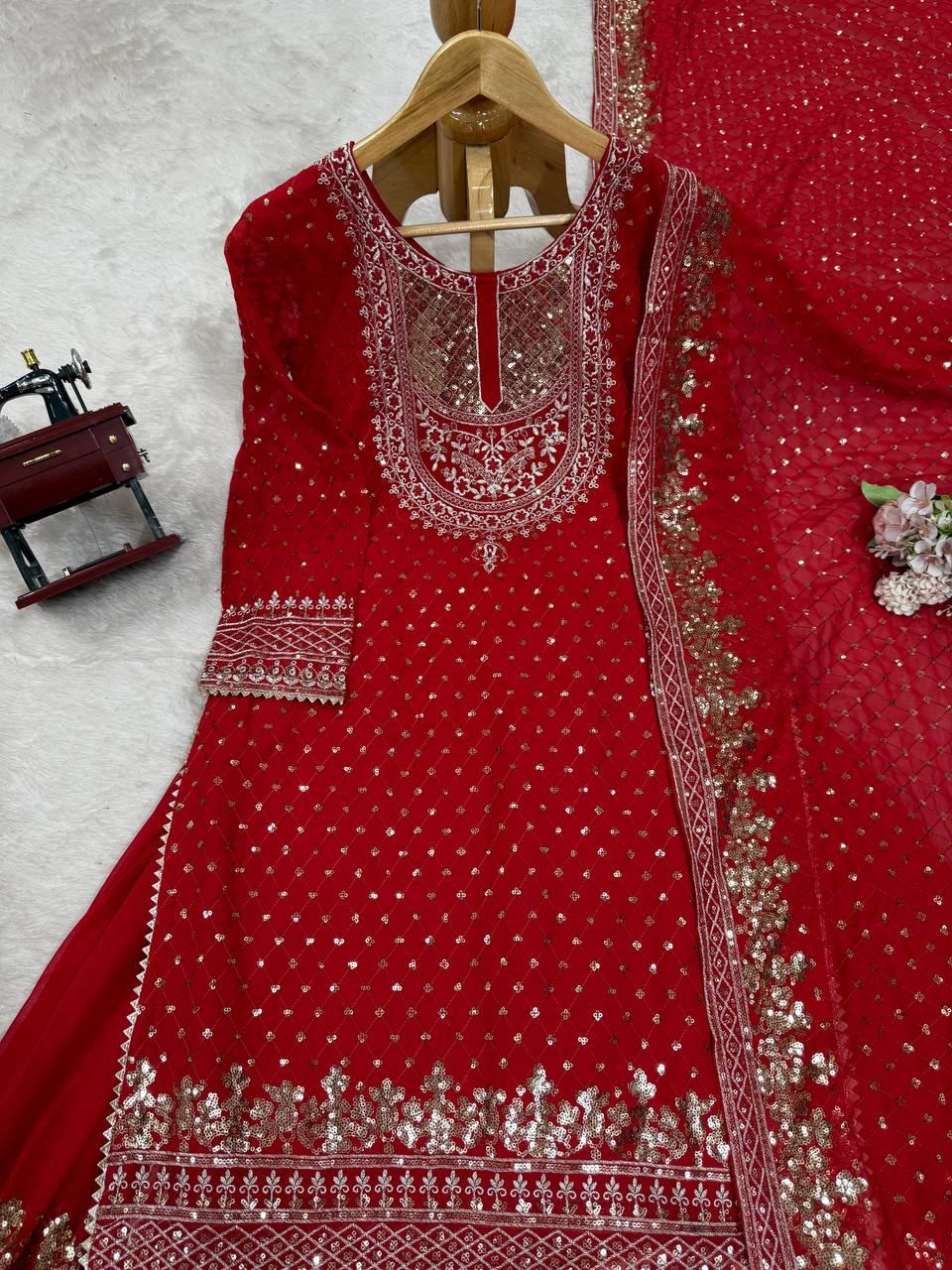 Red Faux Georgette Embroidered Sharara Set with Lace Border Dupatta