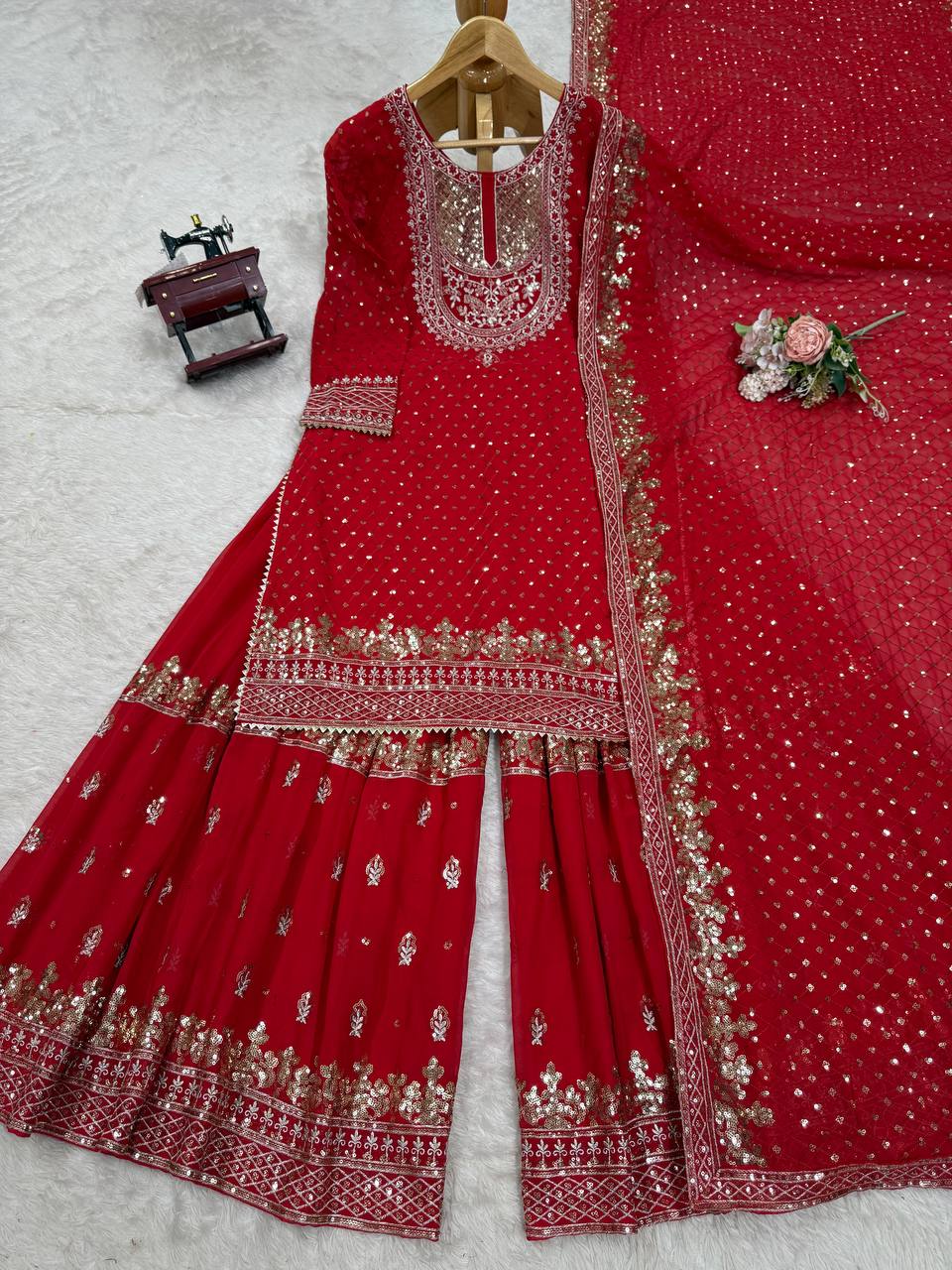Red Faux Georgette Embroidered Sharara Set with Lace Border Dupatta