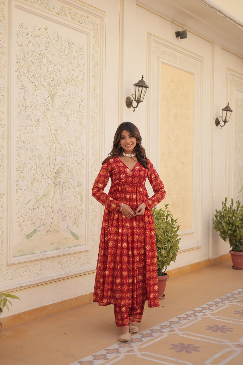 Red Faux Georgette Foil Print Readymade Top with Pant Set
