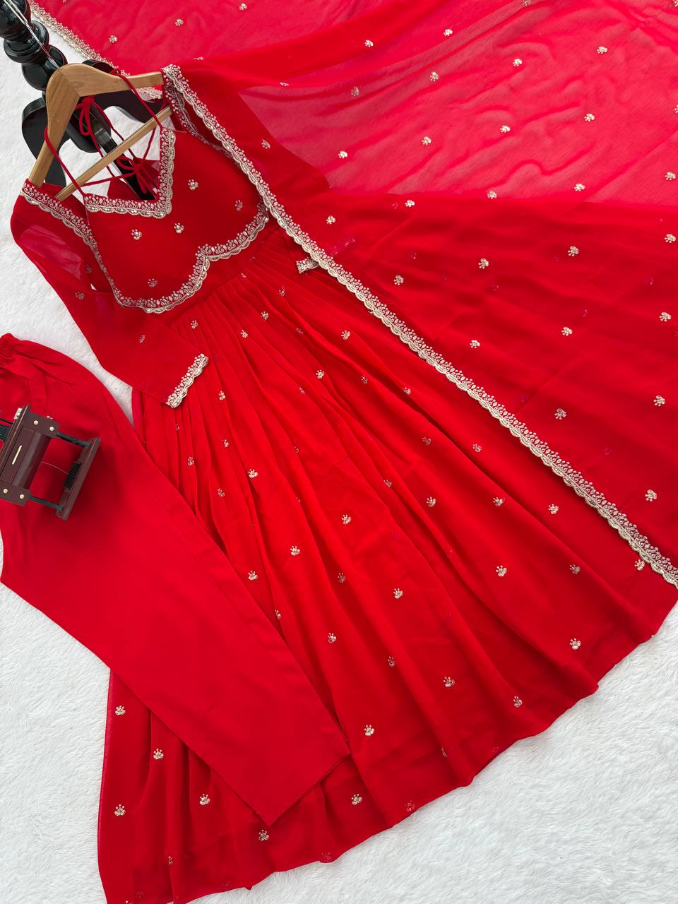 Red Faux Georgette Thread & Sequin Embroidered Anarkali Set with Pant and Dupatta