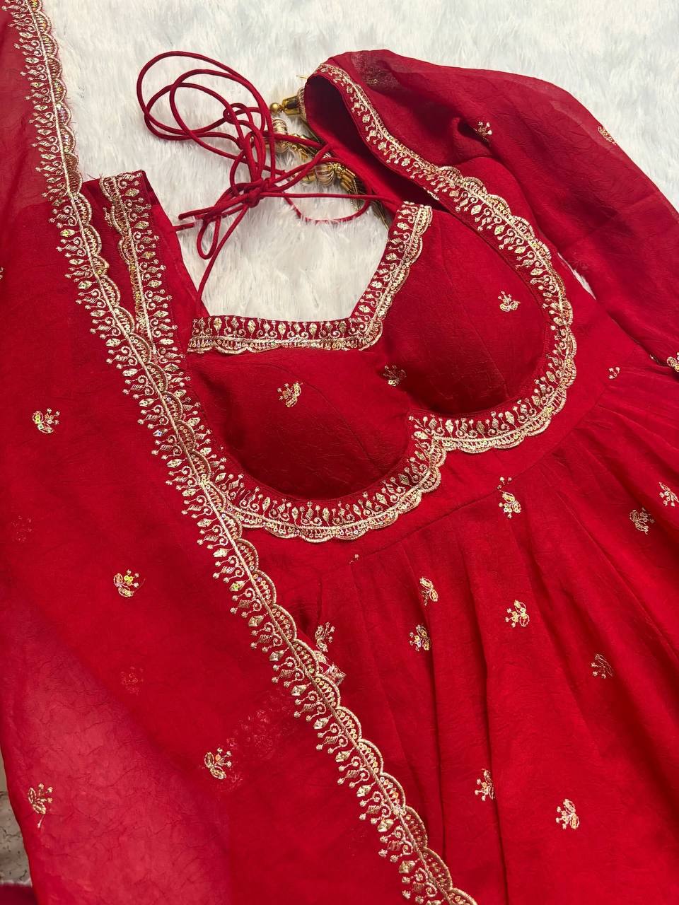 Red Faux Georgette Thread & Sequin Embroidered Anarkali Set with Pant and Dupatta
