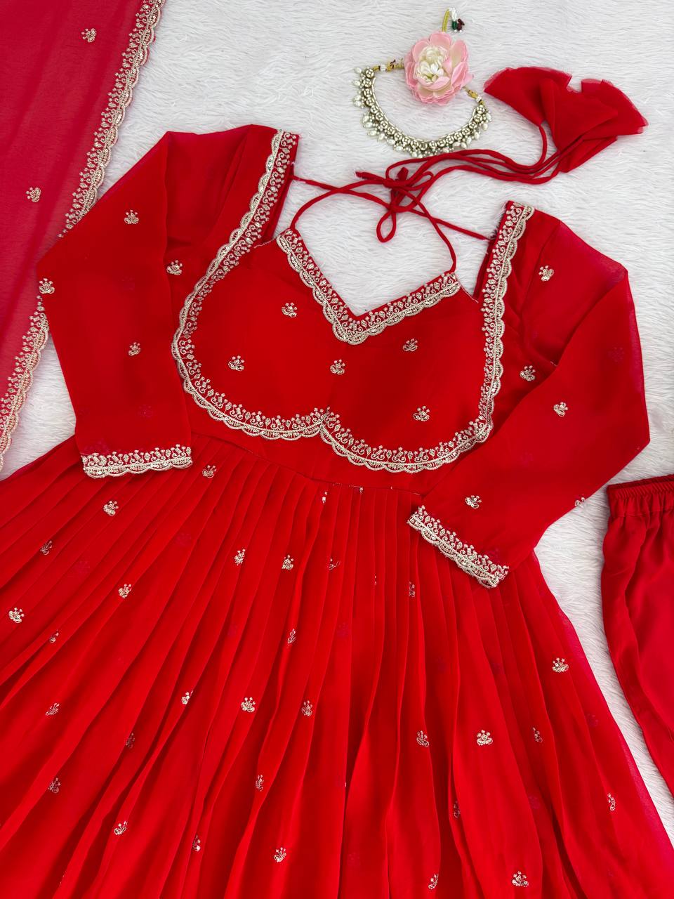 Red Faux Georgette Thread & Sequin Embroidered Anarkali Set with Pant and Dupatta