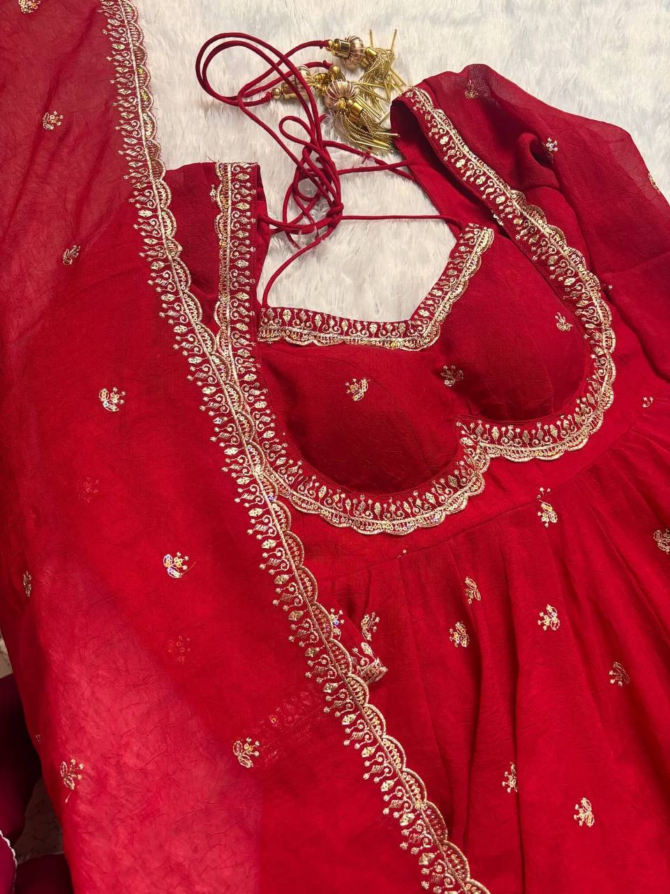 Red Faux Georgette Thread & Sequin Embroidered Anarkali Set with Pant and Dupatta