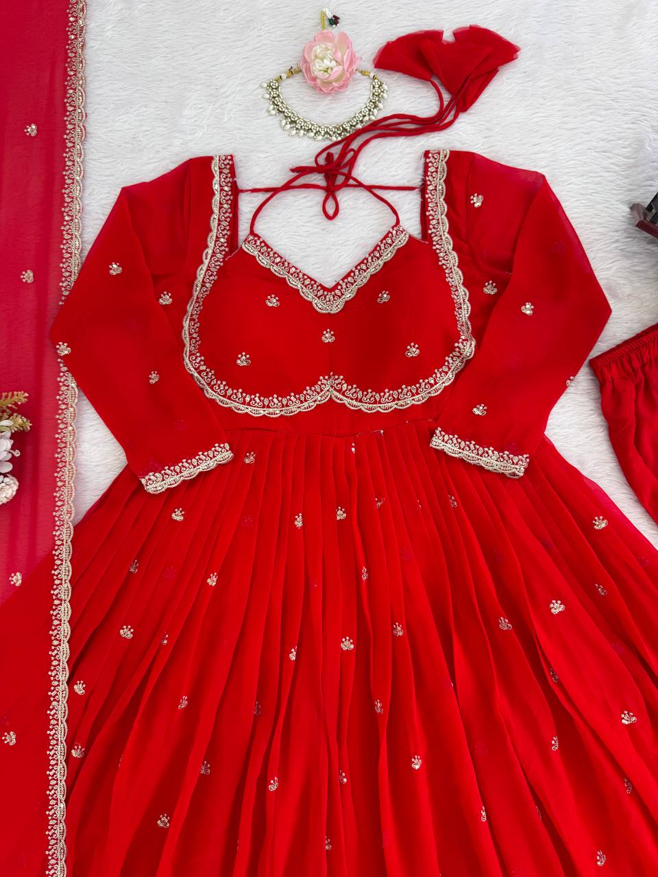 Red Faux Georgette Thread & Sequin Embroidered Anarkali Set with Pant and Dupatta