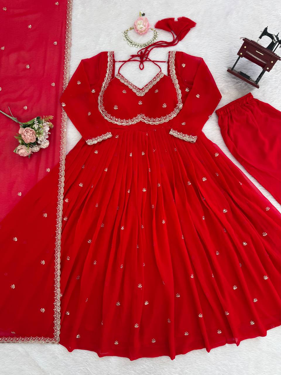 Red Faux Georgette Thread & Sequin Embroidered Anarkali Set with Pant and Dupatta