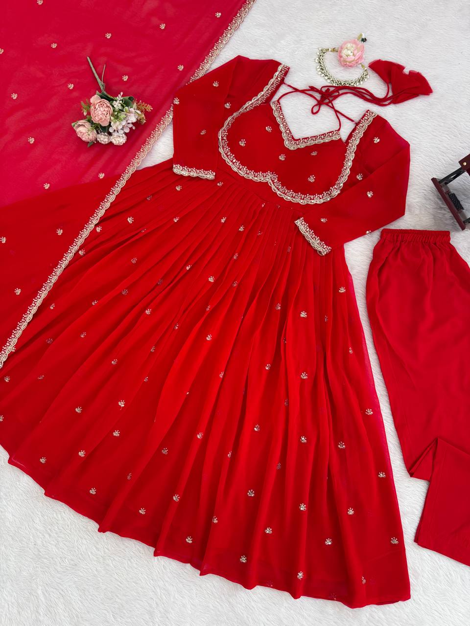 Red Faux Georgette Thread & Sequin Embroidered Anarkali Set with Pant and Dupatta