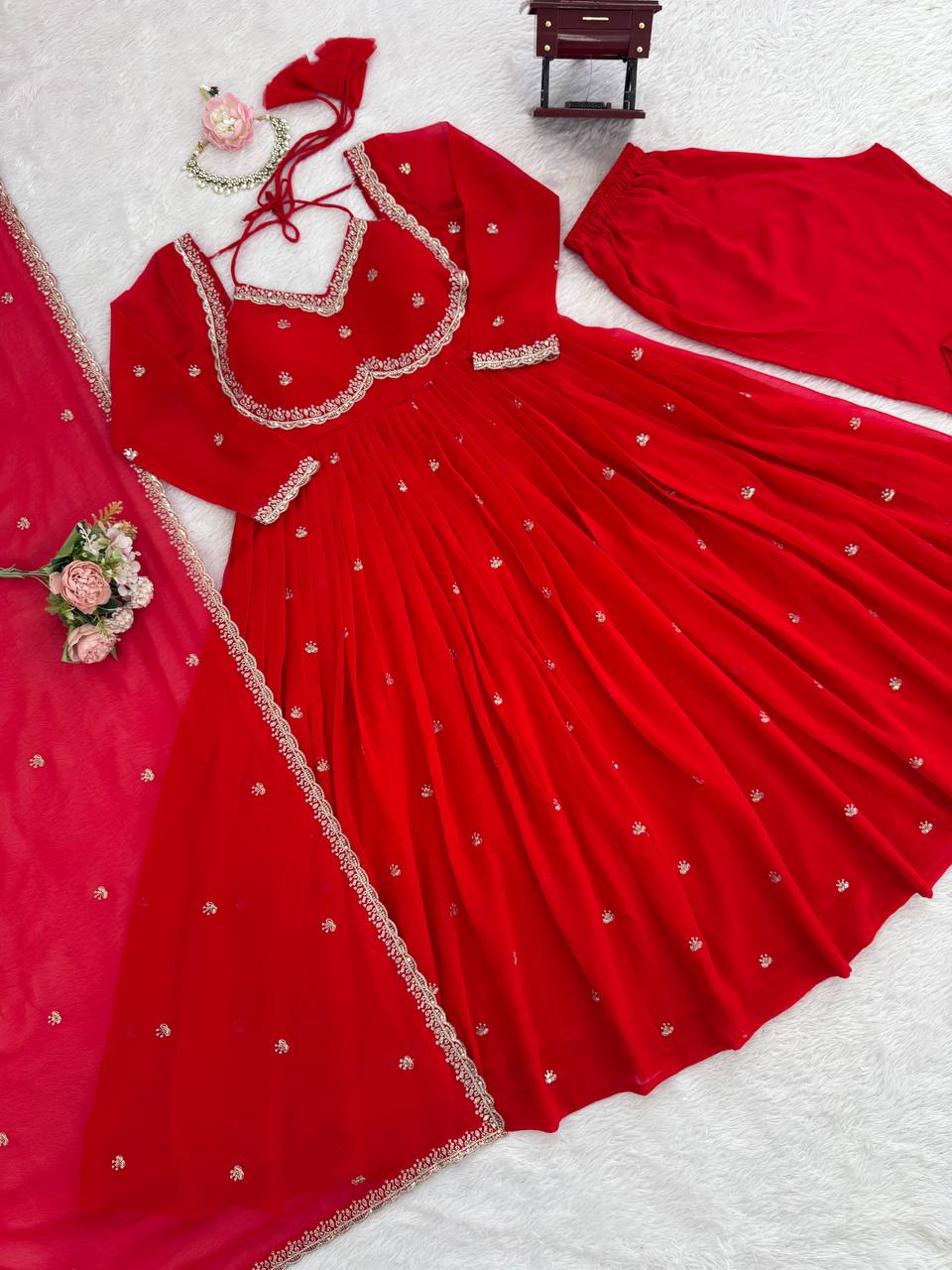 Red Faux Georgette Thread & Sequin Embroidered Anarkali Set with Pant and Dupatta