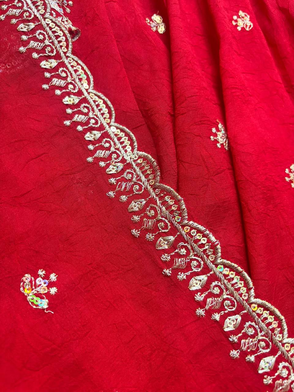 Red Faux Georgette Thread & Sequin Embroidered Anarkali Set with Pant and Dupatta