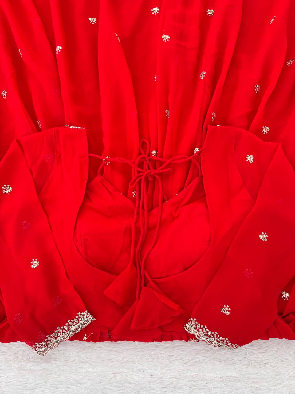 Red Faux Georgette Thread & Sequin Embroidered Anarkali Set with Pant and Dupatta