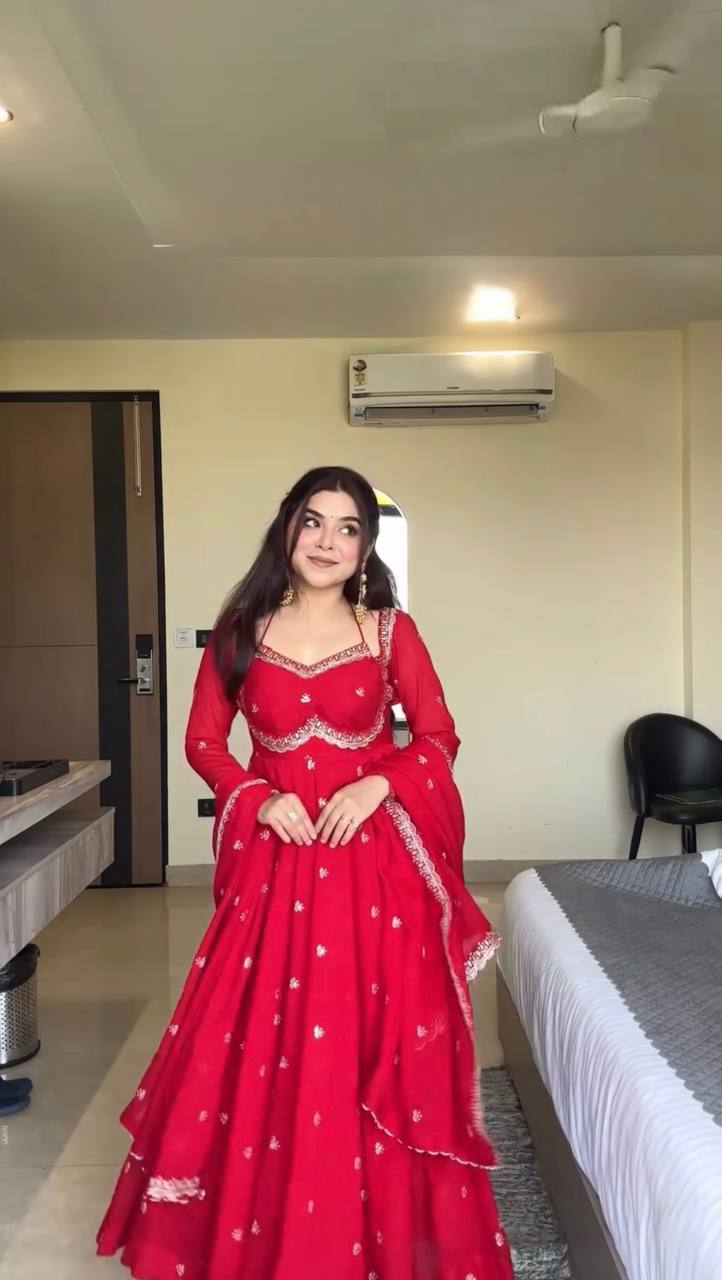 Red Faux Georgette Thread & Sequin Embroidered Anarkali Set with Pant and Dupatta