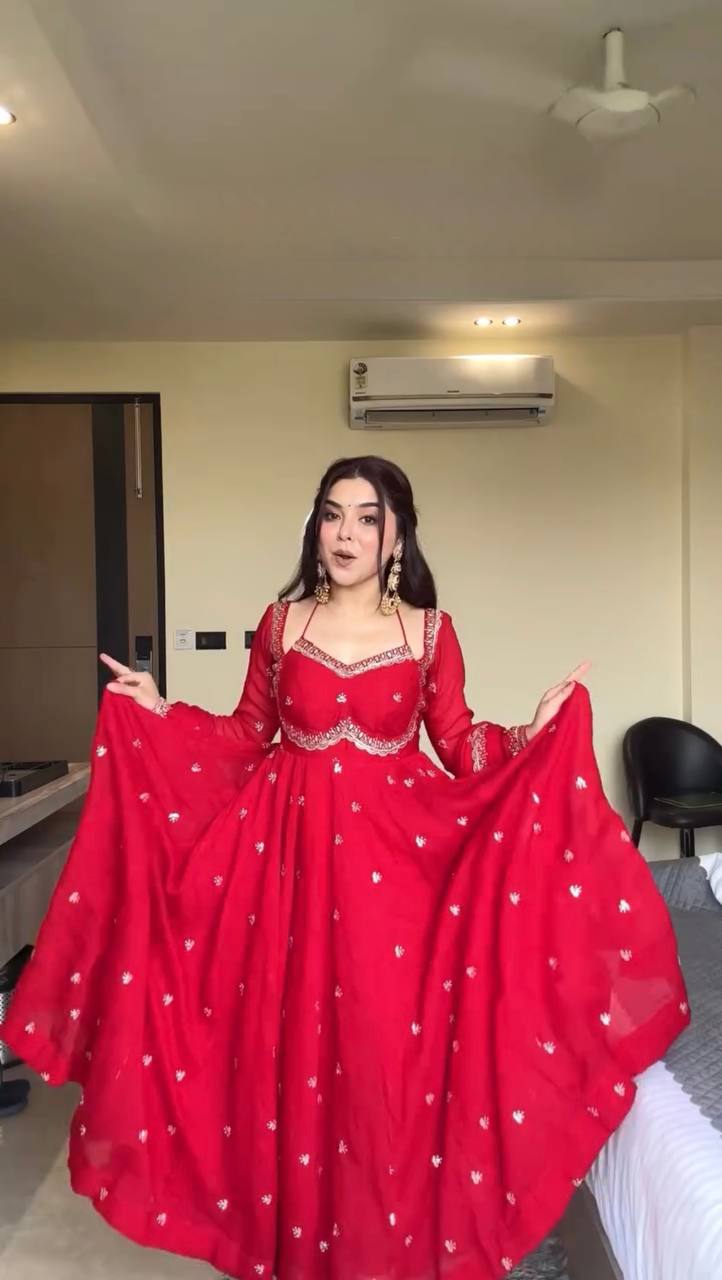 Red Faux Georgette Thread & Sequin Embroidered Anarkali Set with Pant and Dupatta