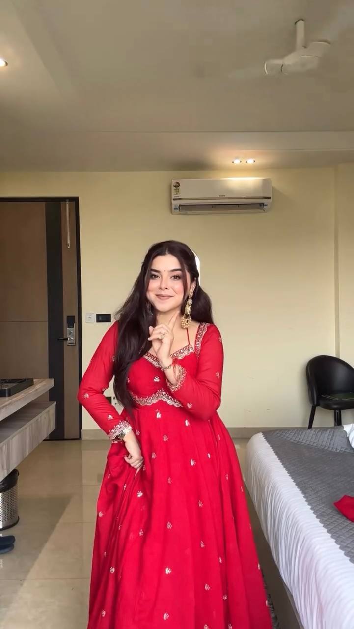 Red Faux Georgette Thread & Sequin Embroidered Anarkali Set with Pant and Dupatta