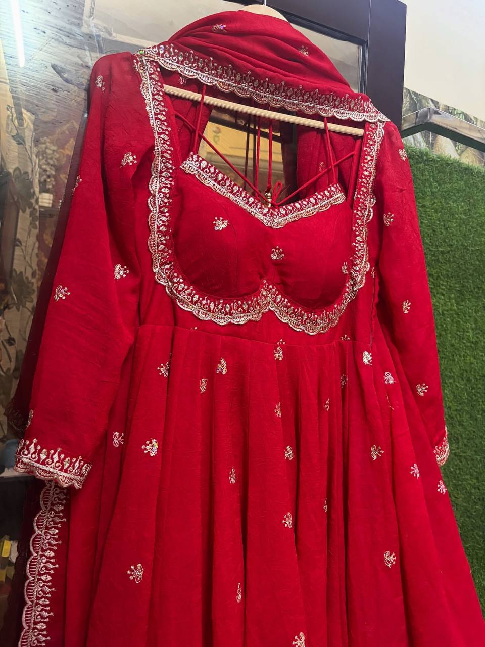 Red Faux Georgette Thread & Sequin Embroidered Anarkali Set with Pant and Dupatta