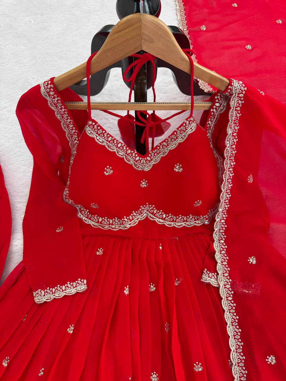 Red Faux Georgette Thread & Sequin Embroidered Anarkali Set with Pant and Dupatta