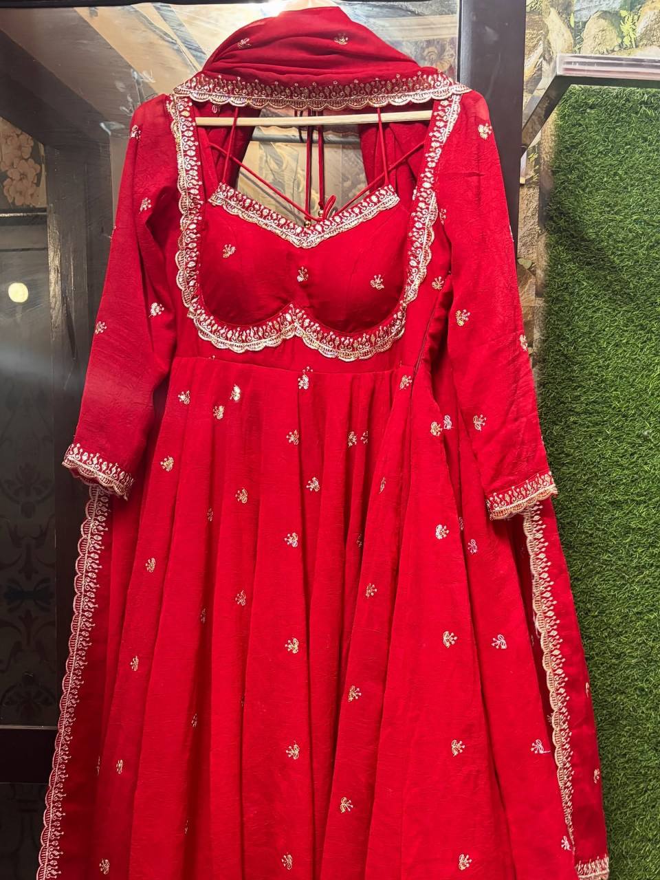 Red Faux Georgette Thread & Sequin Embroidered Anarkali Set with Pant and Dupatta