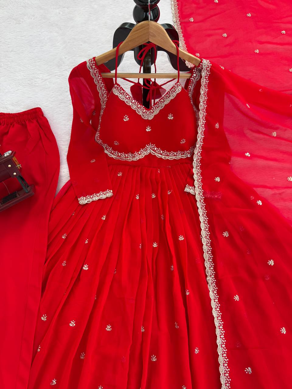 Red Faux Georgette Thread & Sequin Embroidered Anarkali Set with Pant and Dupatta