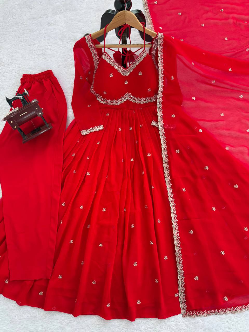 Red Faux Georgette Thread & Sequin Embroidered Anarkali Set with Pant and Dupatta
