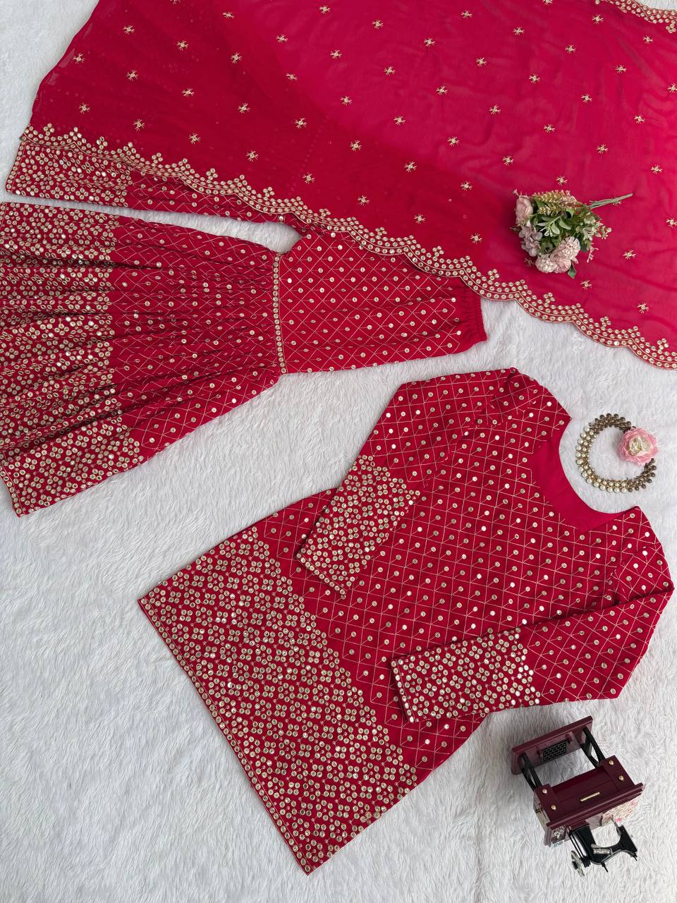 Red Faux Georgette Thread & Sequin Work Sharara Set with Matching Dupatta