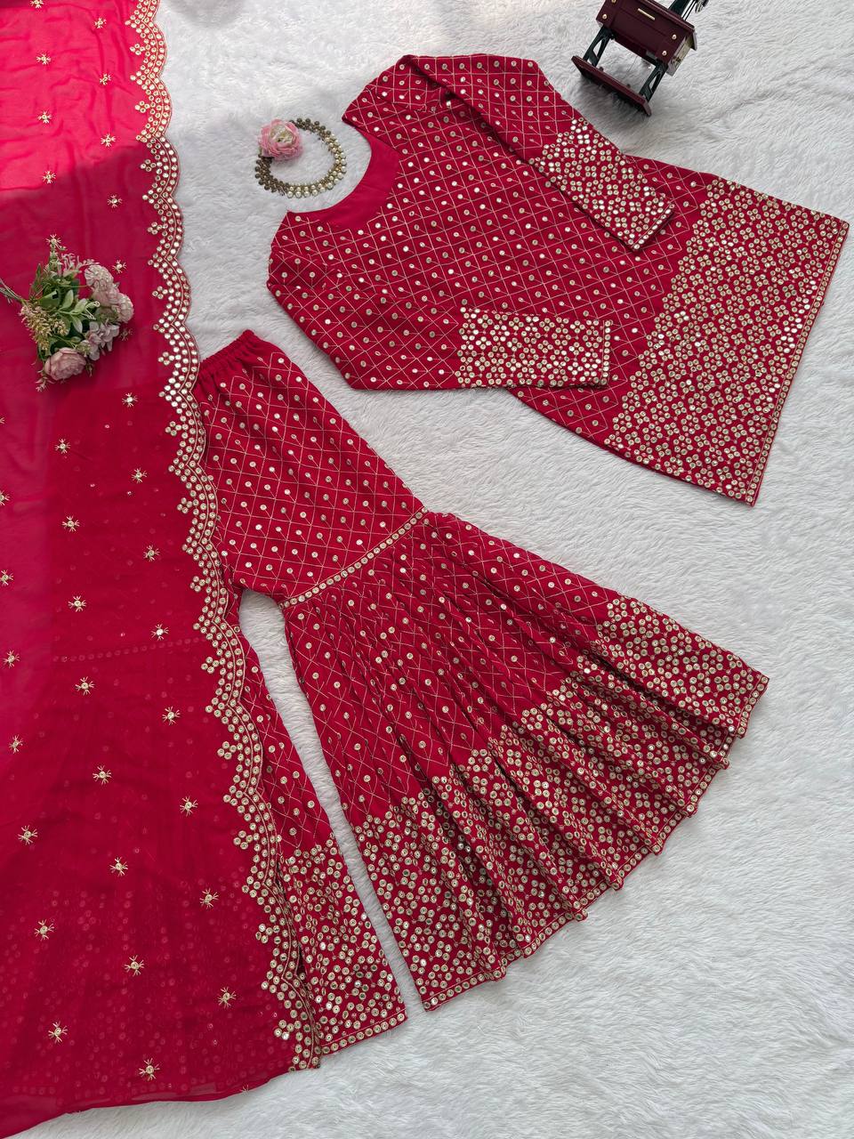 Red Faux Georgette Thread & Sequin Work Sharara Set with Matching Dupatta