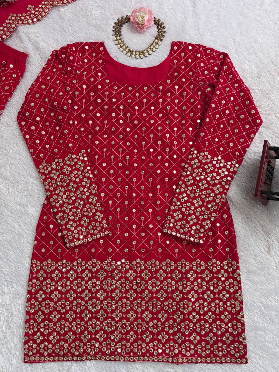 Red Faux Georgette Thread & Sequin Work Sharara Set with Matching Dupatta