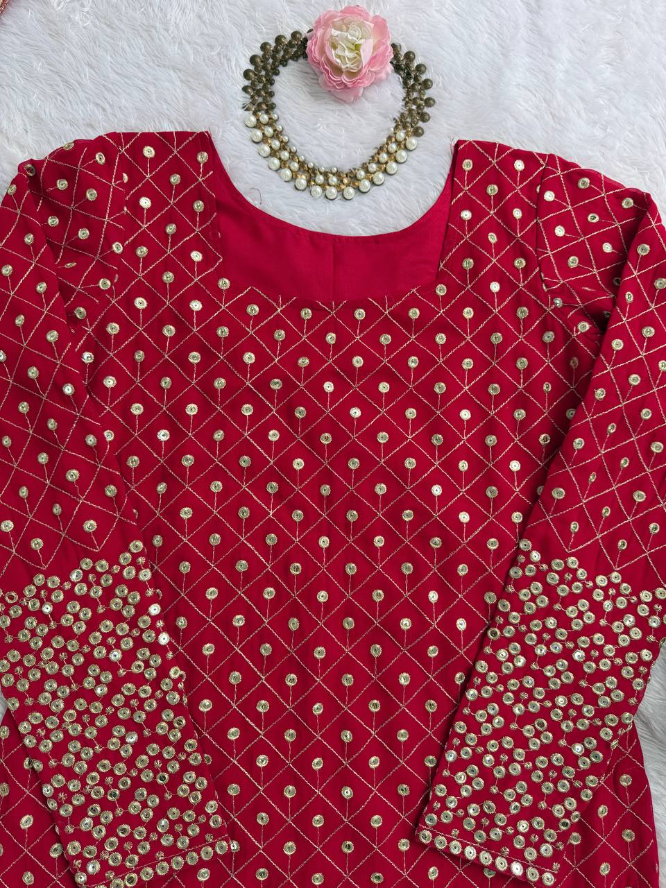Red Faux Georgette Thread & Sequin Work Sharara Set with Matching Dupatta
