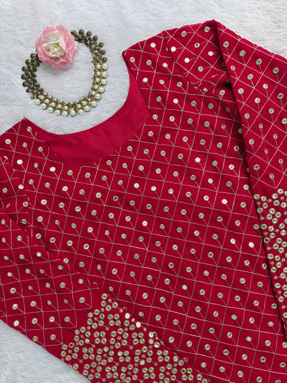 Red Faux Georgette Thread & Sequin Work Sharara Set with Matching Dupatta