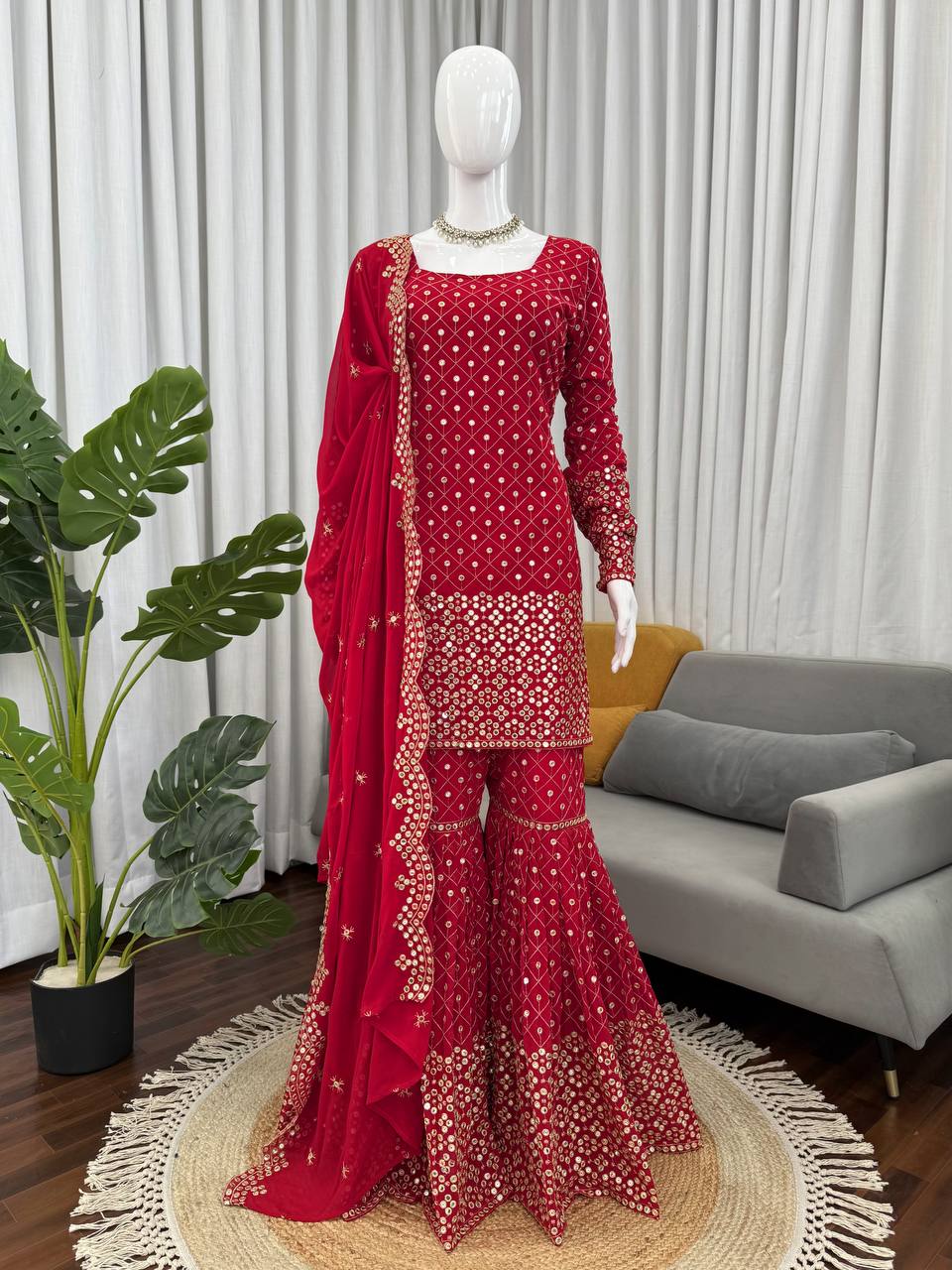 Red Faux Georgette Thread & Sequin Work Sharara Set with Matching Dupatta