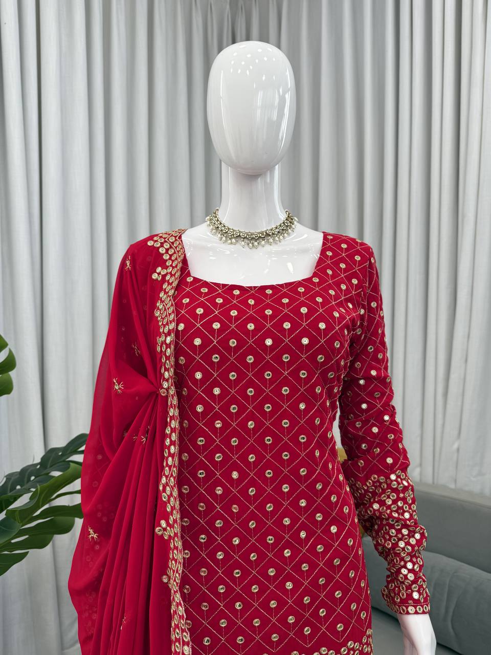 Red Faux Georgette Thread & Sequin Work Sharara Set with Matching Dupatta
