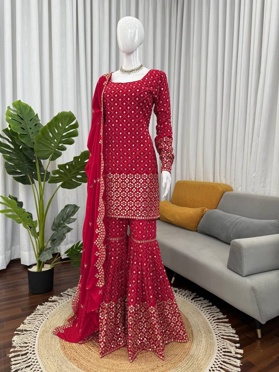 Red Faux Georgette Thread & Sequin Work Sharara Set with Matching Dupatta