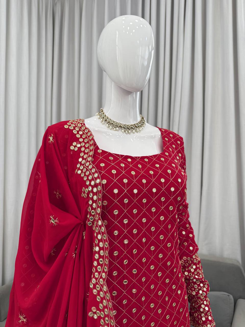 Red Faux Georgette Thread & Sequin Work Sharara Set with Matching Dupatta