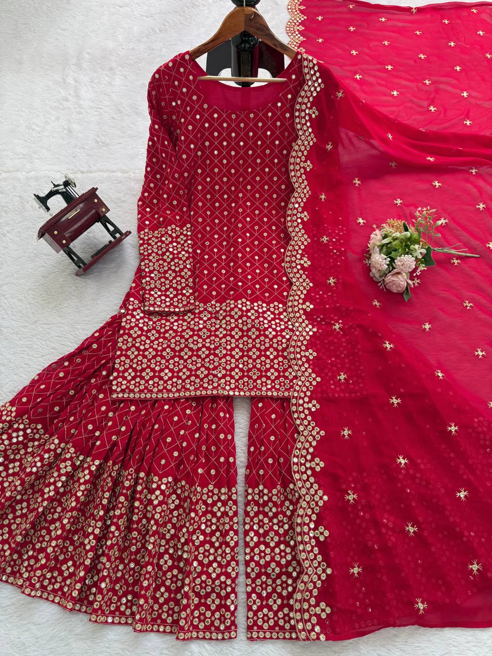 Red Faux Georgette Thread & Sequin Work Sharara Set with Matching Dupatta
