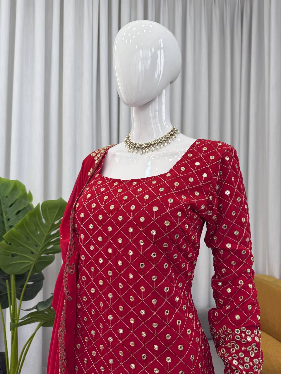 Red Faux Georgette Thread & Sequin Work Sharara Set with Matching Dupatta