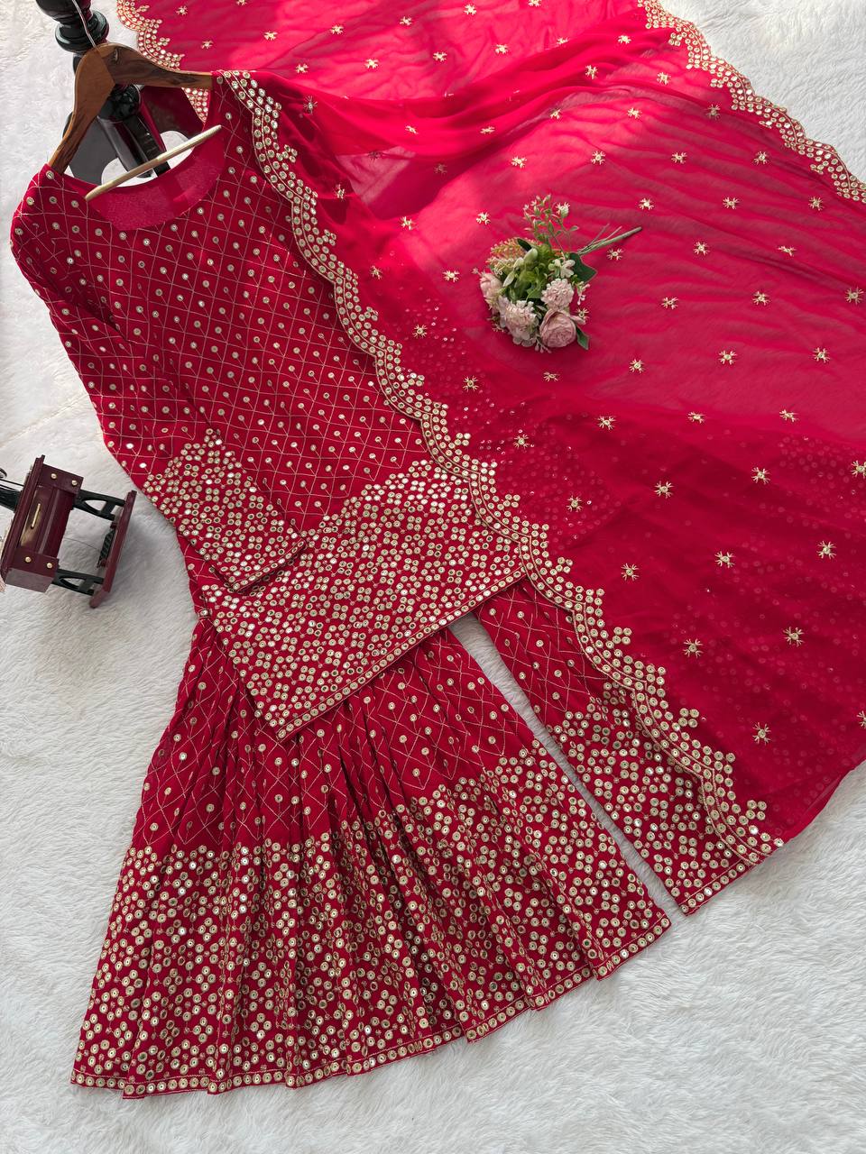 Red Faux Georgette Thread & Sequin Work Sharara Set with Matching Dupatta